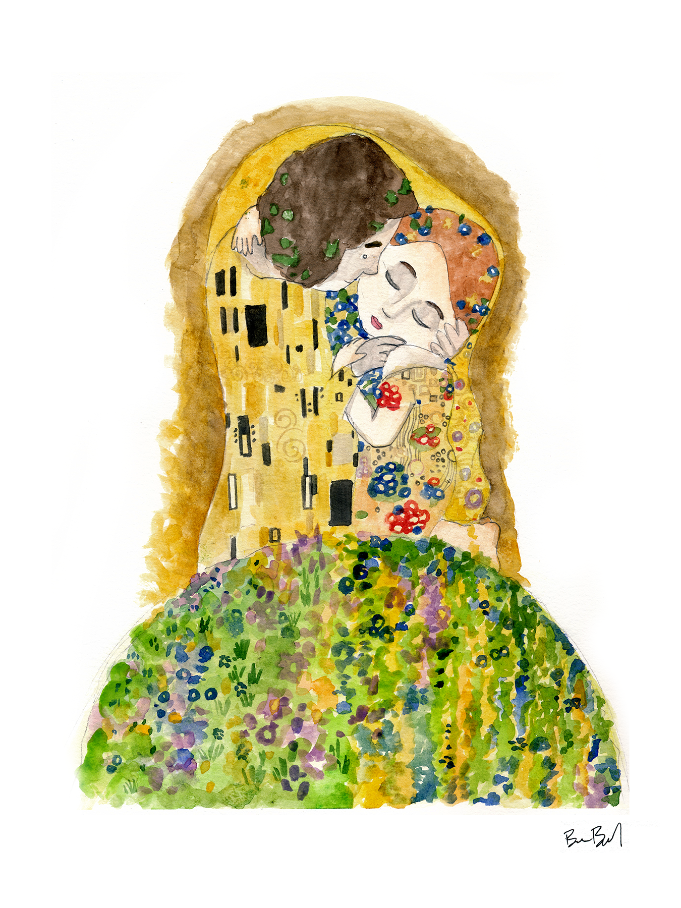 The Kiss by Gustav Klimt - Pop Cute Version Watercolor Print