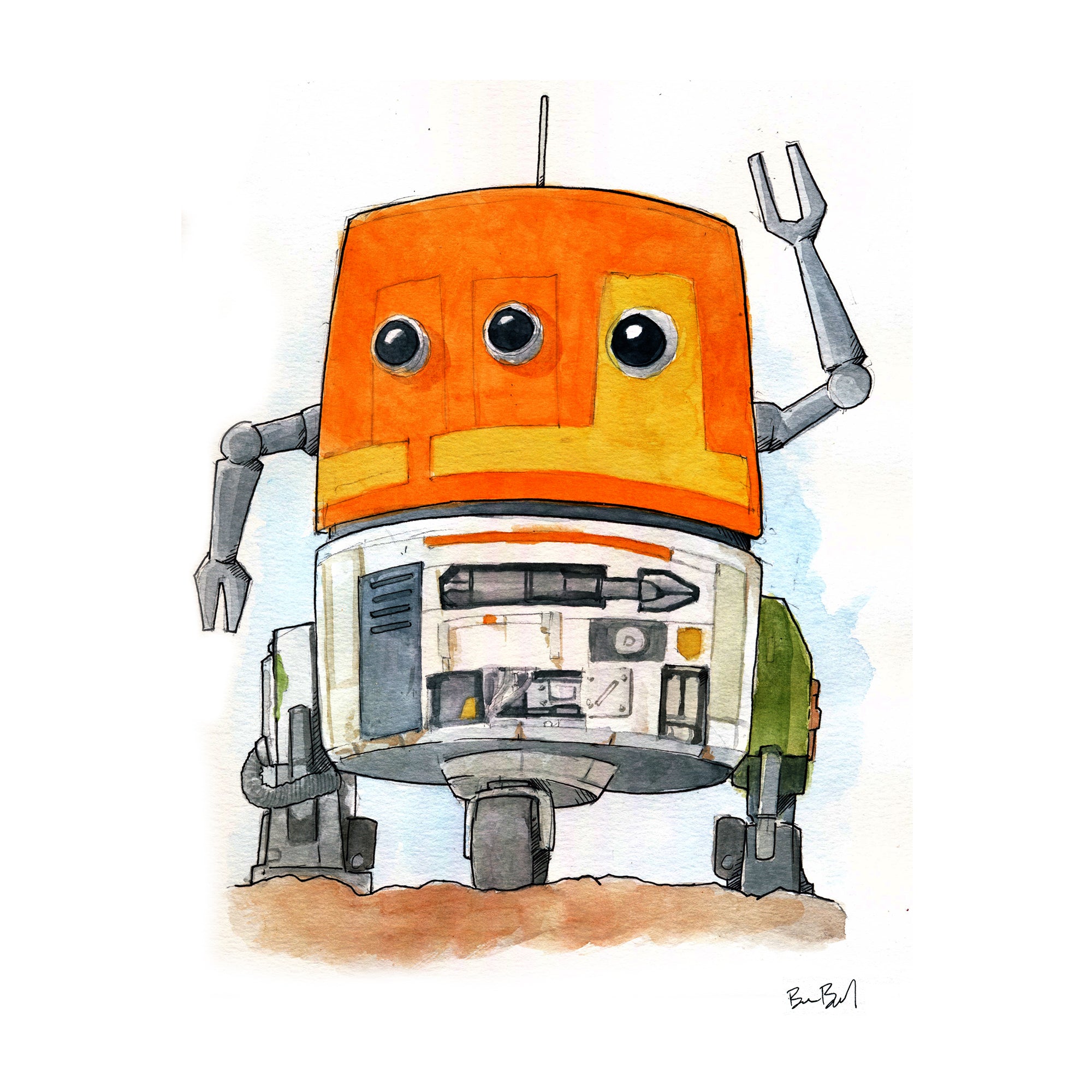 Orange Bot - Watercolor Print – Ben Byrd
