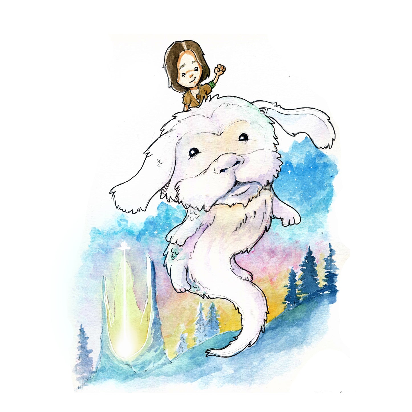 Boy Rides a Dragon Dog - Watercolor Print