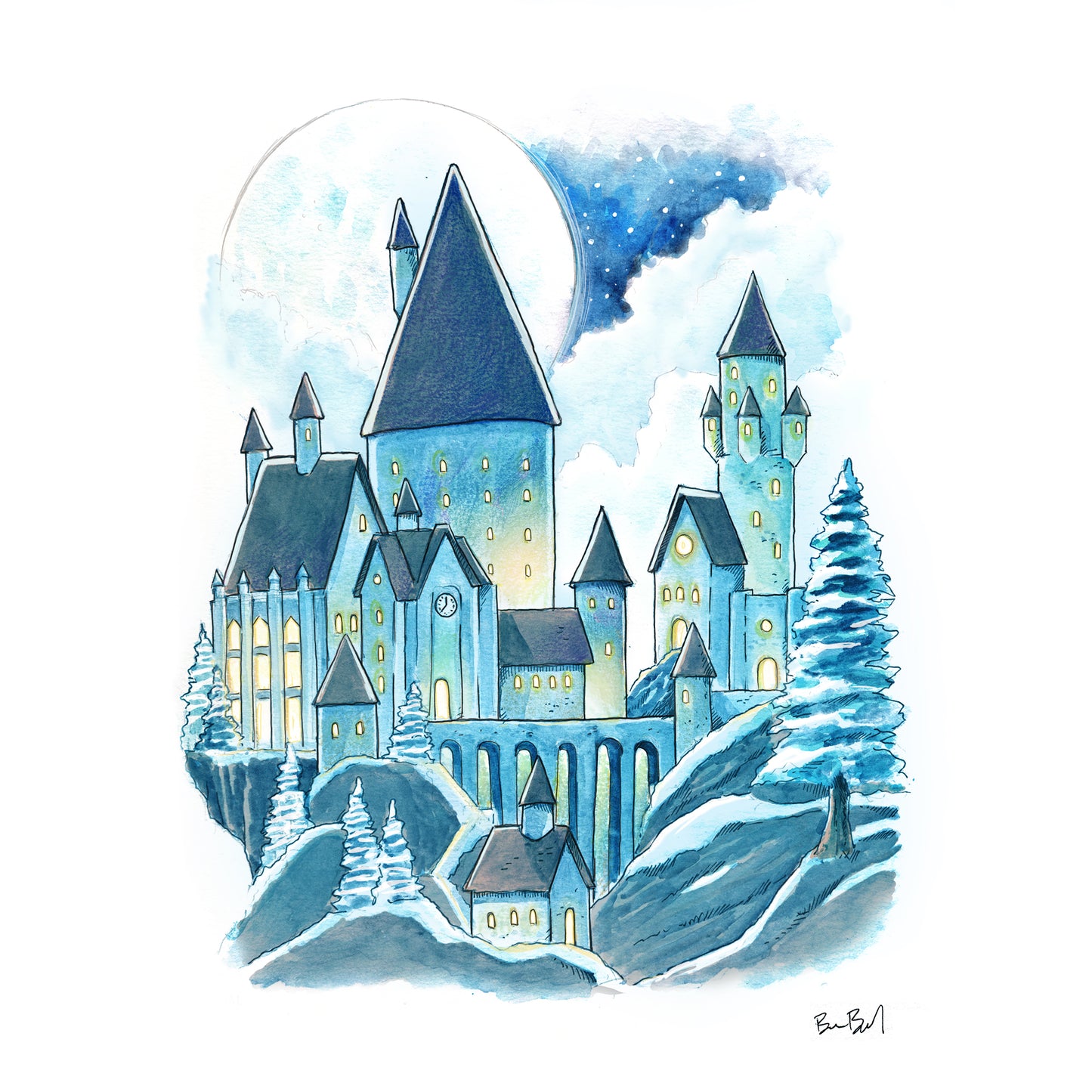 Winter Castle Watercolor Print