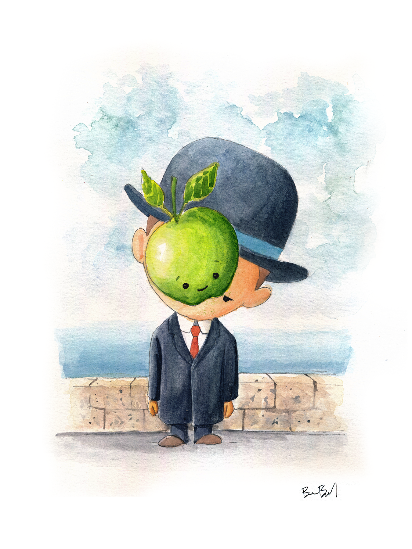 The Son of Man by René Magritte - Pop Parody Version Watercolor Print