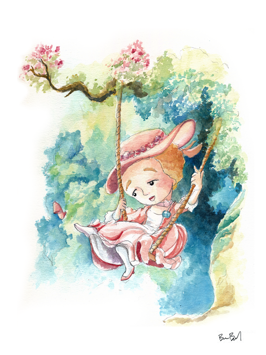 The Swing by Jean-Honoré Fragonard - Pop Cute Version Watercolor Print