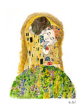 The Kiss by Gustav Klimt - Pop Cute Version Watercolor Print